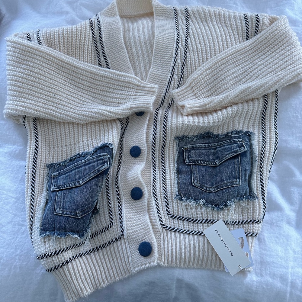 Cream Sweater with Denim Accents oversized